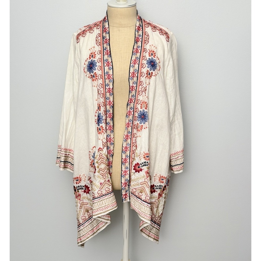 JOHNNY WAS Women's Fredreque Draped Linen Cardigan Embroidered Size Small Boho